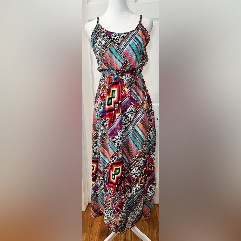 Speed Control New York Aztec Multicolor Print Long Dress Maxi Size Small